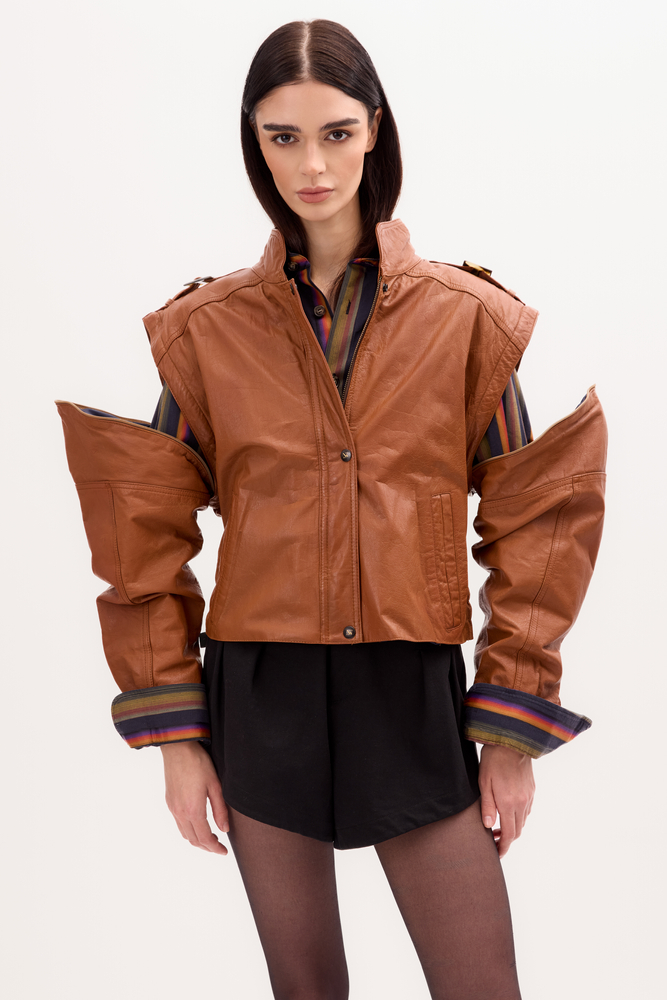 CAMEL LEATHER JACKET WITH DETACHABLE SLEEVES