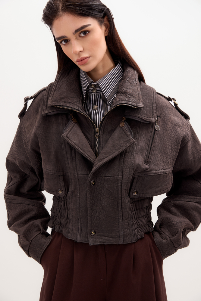 LONG GRAPHITE SUEDE JACKET WITH ADJUSTABLE WAIST