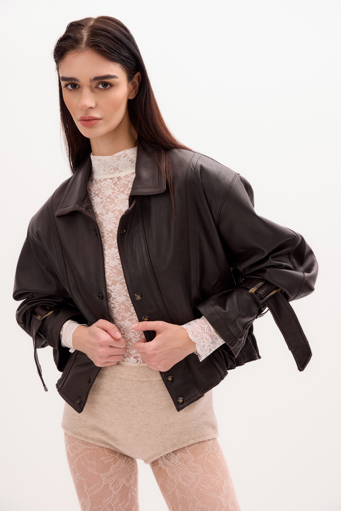 BROWN LEATHER JACKET WITH BUCKLES
