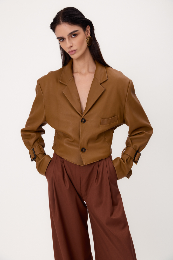 SHORT WAISTED CARAMEL REGULAR LEATHER JACKET