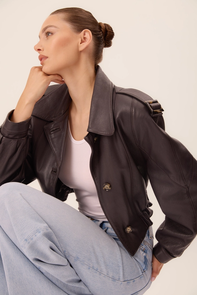 DARK GRAPHITE LEATHER JACKET WITH BUCKLES AND BUTTONS