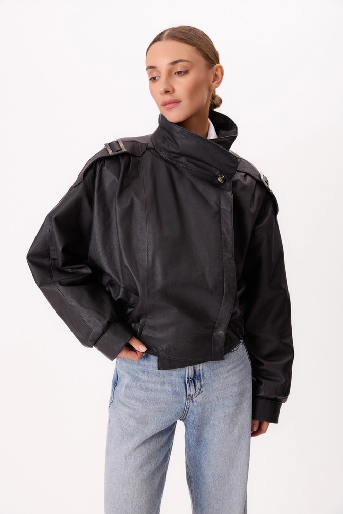 BLACK OVERSIZE LEATHER JACKET WITH HIGH COLLAR