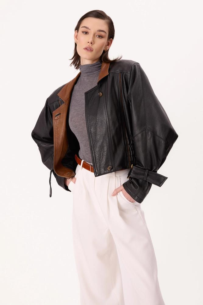 BLACK FITTED LEATHER JACKET WITH BROWN INSERTS