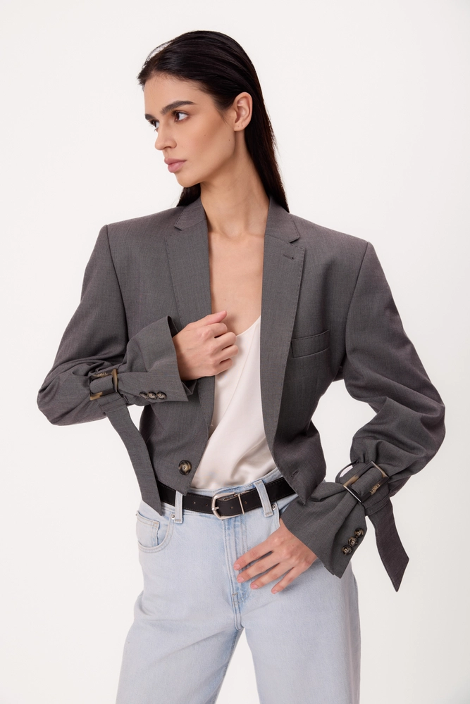 GRAY SMOOTH REGULAR FITTED JACKET WITH BUCKLES MODEL No5