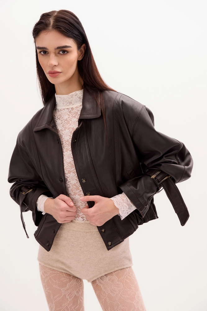 BROWN LEATHER JACKET WITH BUCKLES