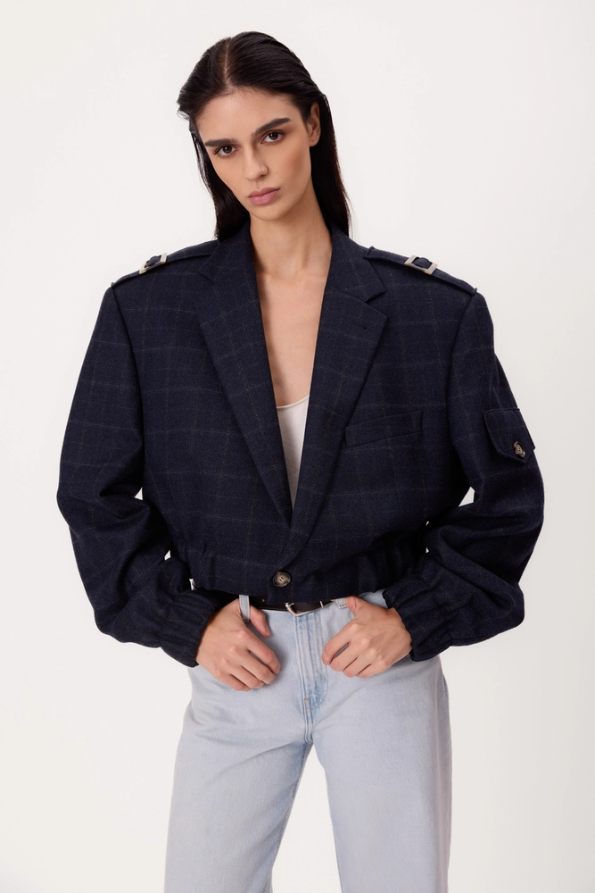 OVERSIZE NAVY BLUE REGULAR CHECKED BOMBER JACKET