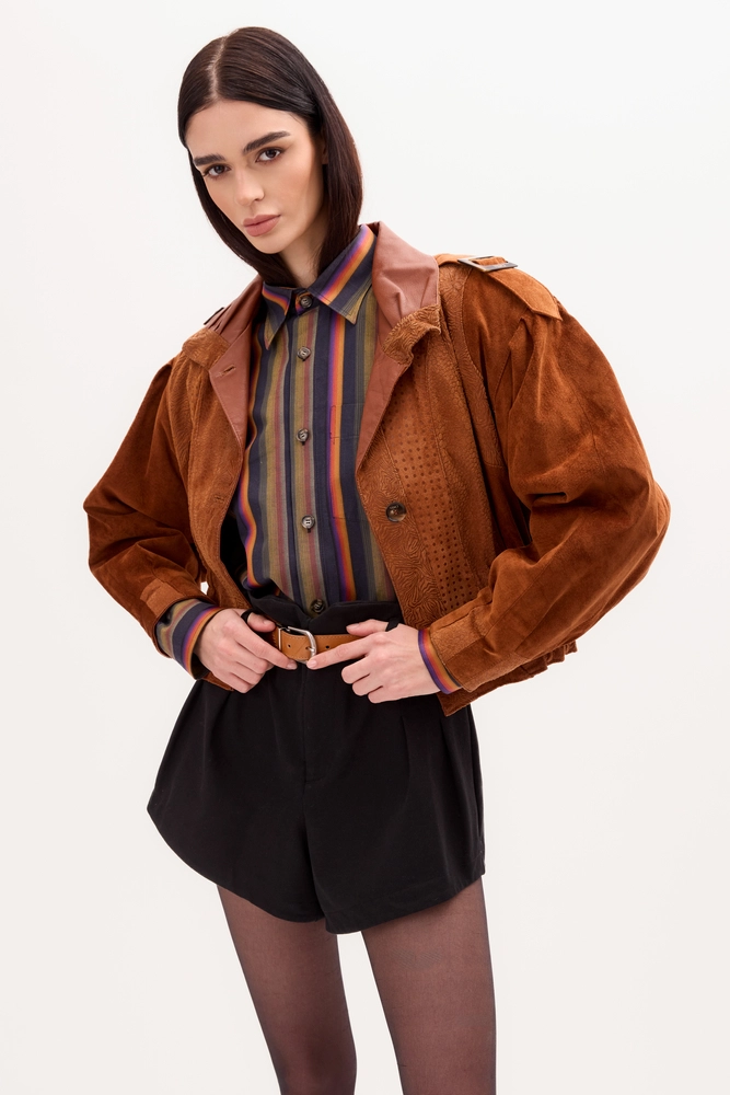 RED SUEDE JACKET WITH DECORATIVE PATTERNS