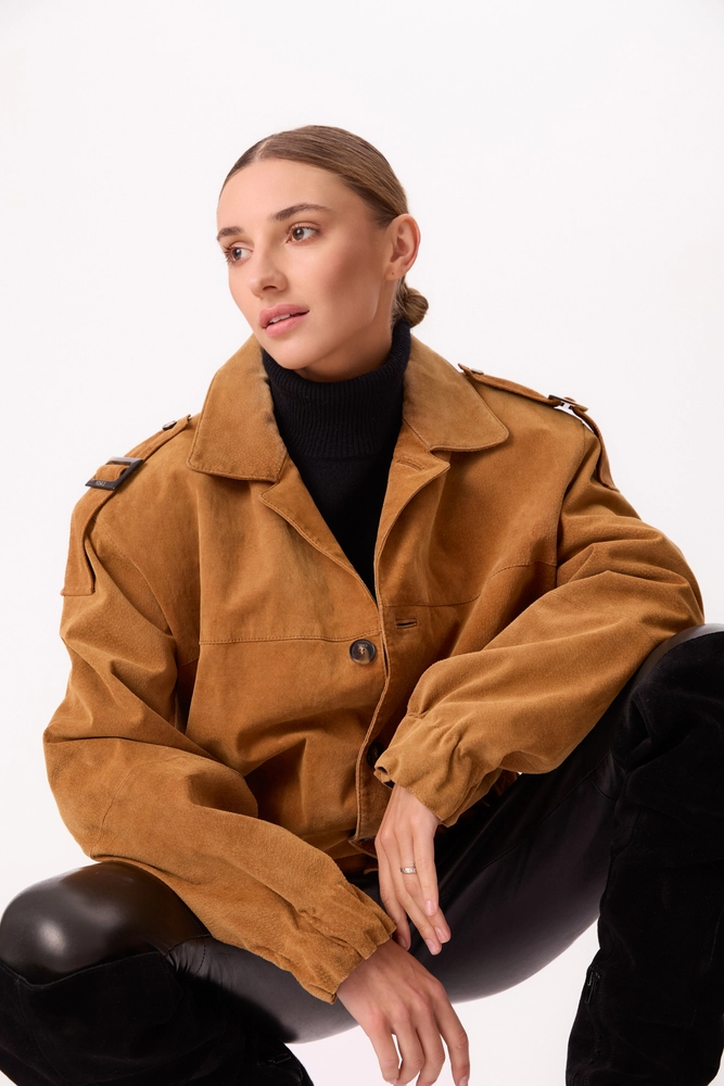 LONG LIGHT BROWN SUEDE BOMBER JACKET
