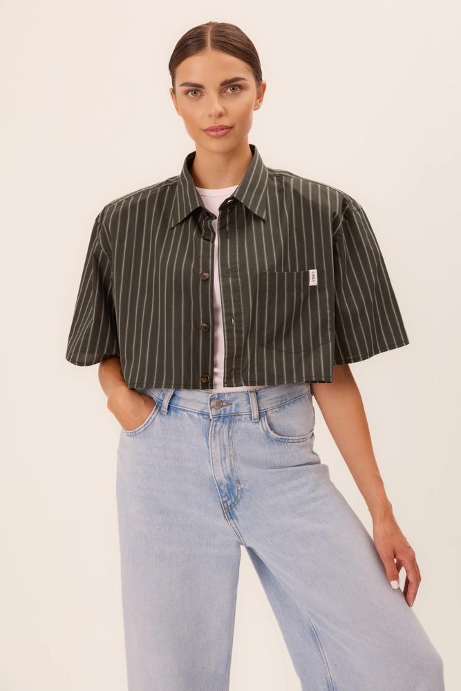 DARK GREEN STRIPED SHORT SHIRT WITH DETACHABLE SHOULDER PADS