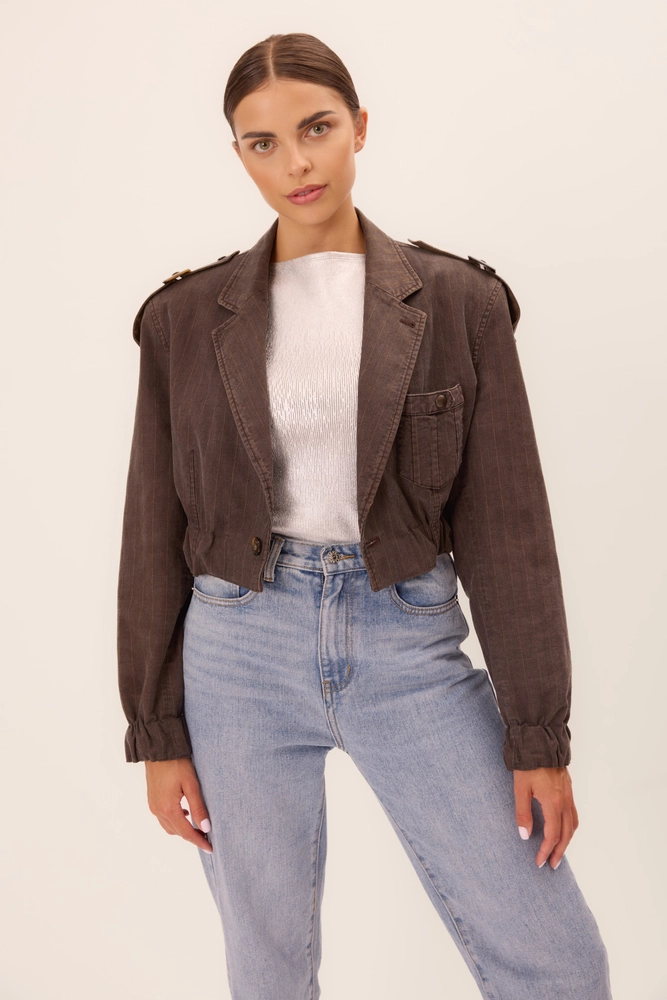 DENIM BOMBER JACKET IN WASHED BROWN DENIM WITH A DELICATE STRIP
