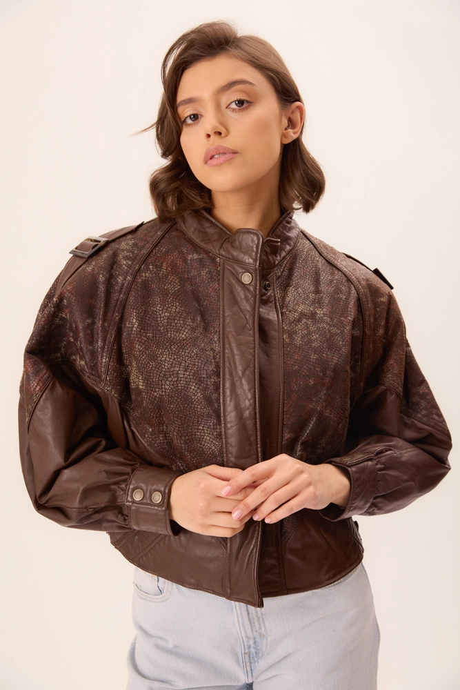 BROWN TEXTURED EMBELLISHED LEATHER JACKET