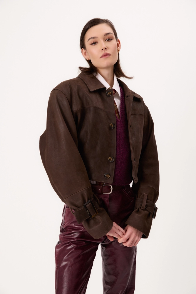 BROWN SUEDE LEATHER JACKET WITH BUCKLES