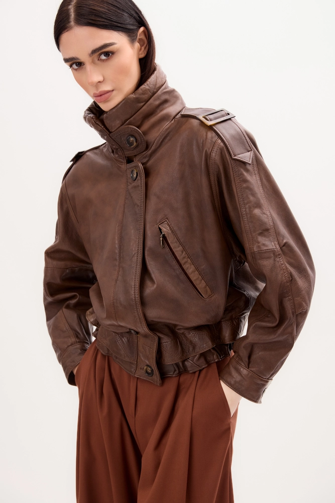 CHOCOLATE LEATHER BOMBER JACKET WITH HIGH COLLAR