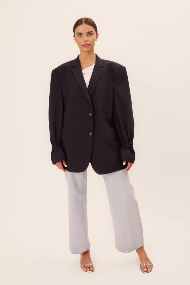 LONG PLAIN NAVY BLUE FITTED JACKET WITH ELASTIC SLEEVES