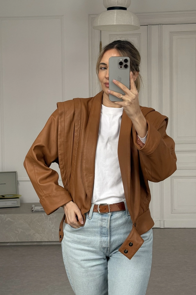 CAMEL LEATHER JACKET WITH DEEP COLLAR