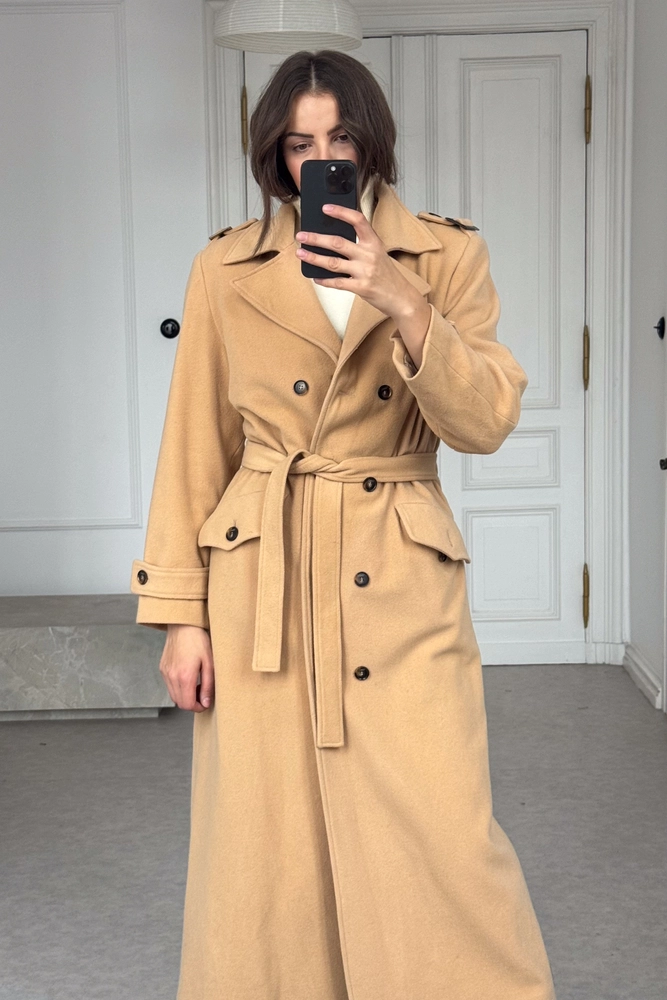 MAXI BEIGE ADJUSTABLE WAIST WOOL COAT