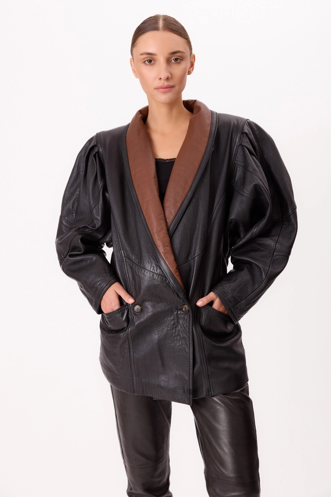 LONG BLACK AND BROWN FITTED LEATHER JACKET WITH WIDE SHOULDER