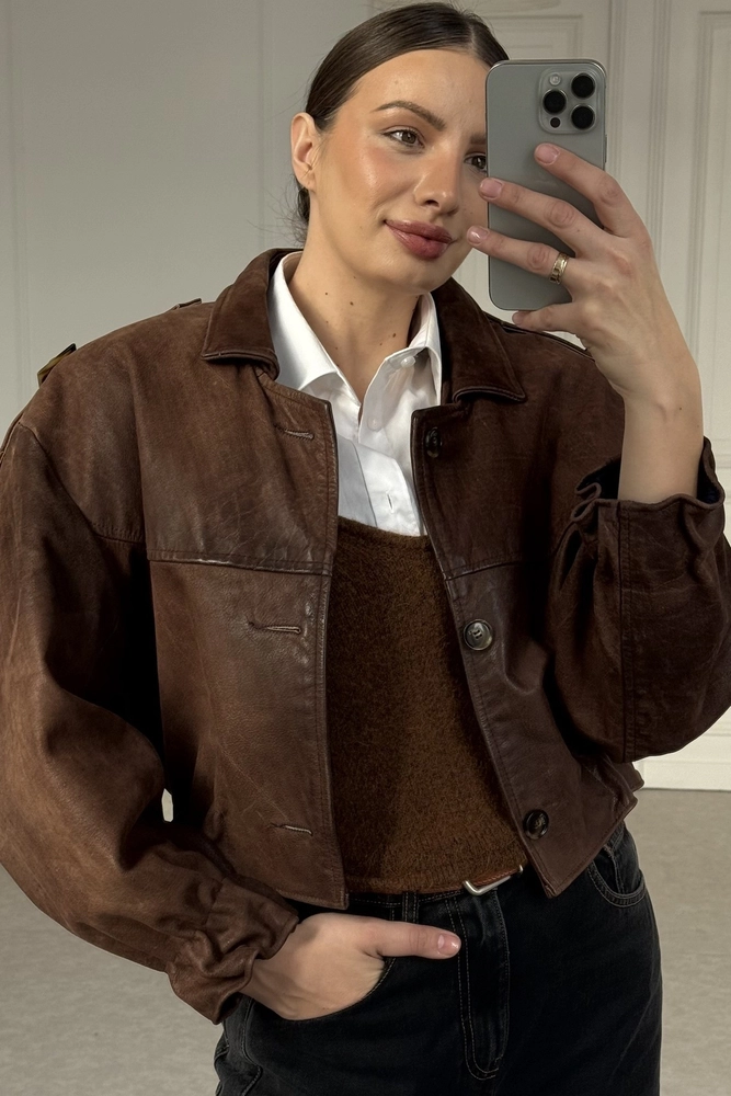 BROWN DIPPED LEATHER JACKET WITH EPADS