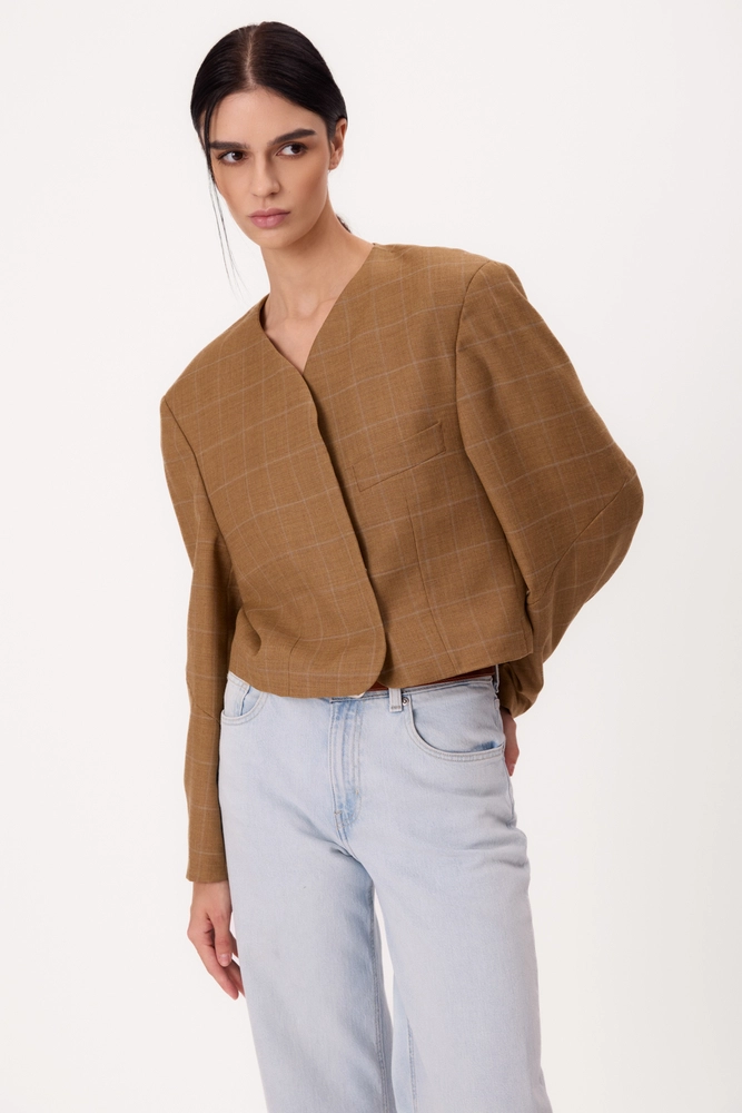 SHORT STRAIGHT REGULAR BEIGE JACKET WITH LIGHT CHECK MODEL No9