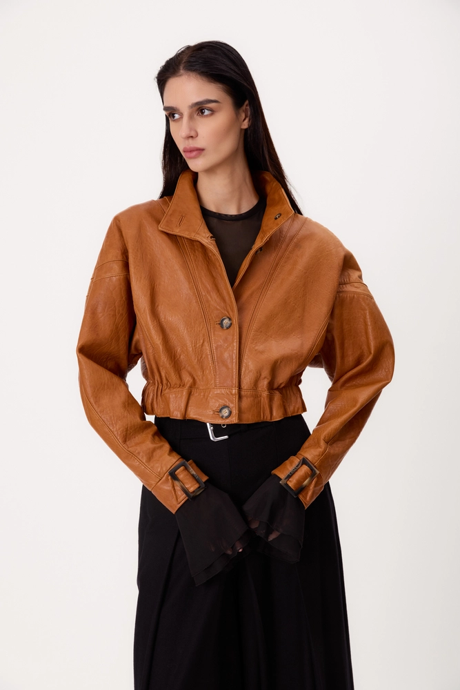SHORT RED PETITE LEATHER JACKET IN BOMBER CUT