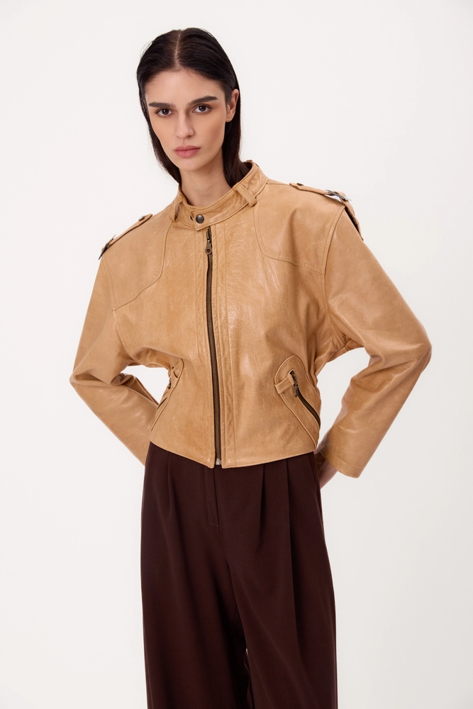BEIGE ADJUSTABLE WAIST  PETITE LEATHER JACKET
