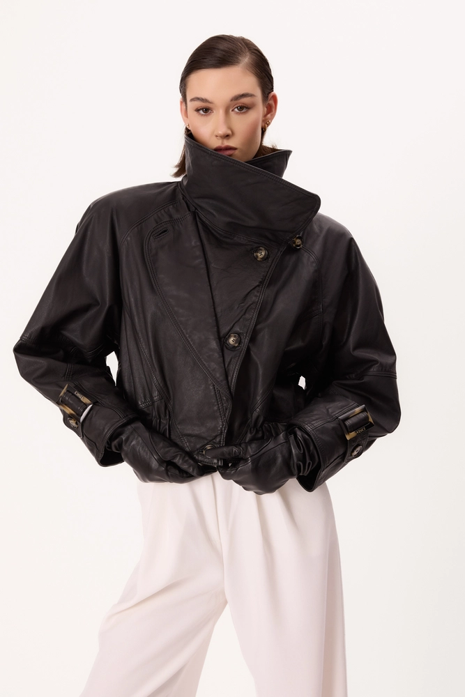 BLACK LEATHER JACKET WITH HIGH COLLAR