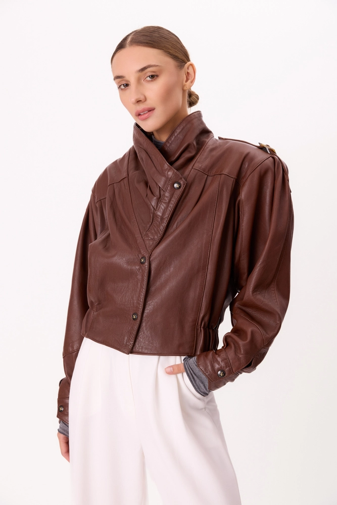 BROWN LEATHER JACKET WITH HIGH ASYMMETRICAL COLLAR