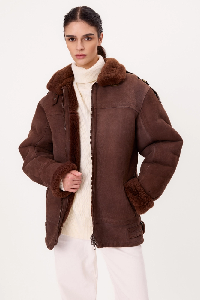 LONG BROWN NATURAL SHEEPSKIN COAT WITH A ZIPPER