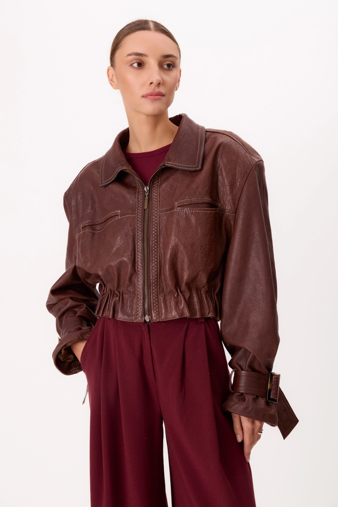 BROWN LEATHER JACKET WITH BUCKLES