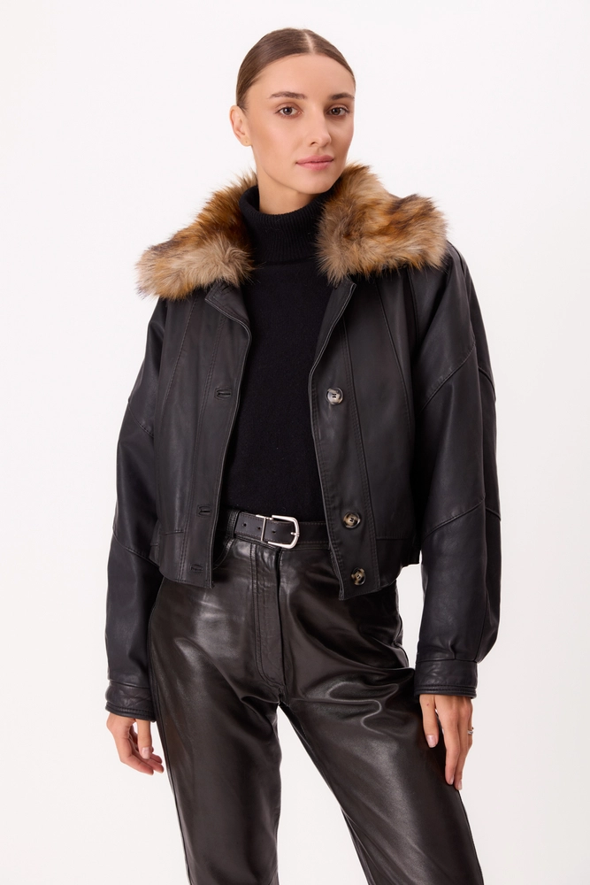 BLACK LEATHER JACKET WITH DETACHABLE FUR COLLAR