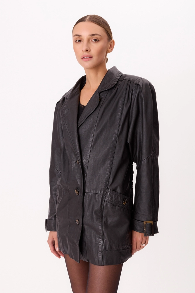 LONG WAISTED LEATHER JACKET WITH BUCKLES