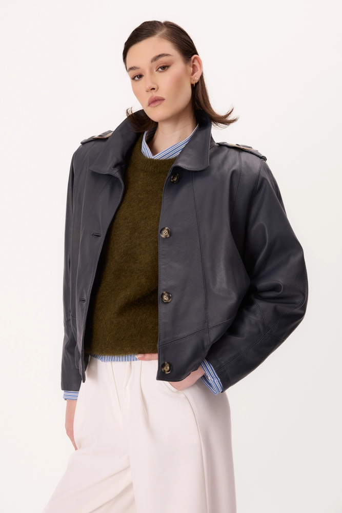 NAVY LEATHER JACKET WITH EPADS