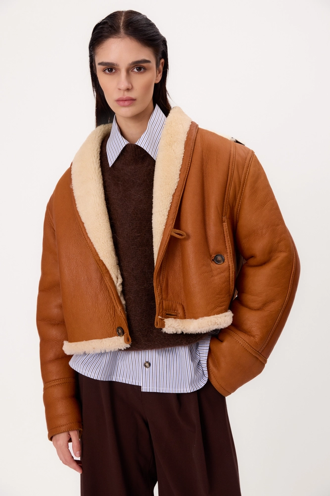 RED NATURAL SHEEPSKIN COAT WITH WHITE FUR