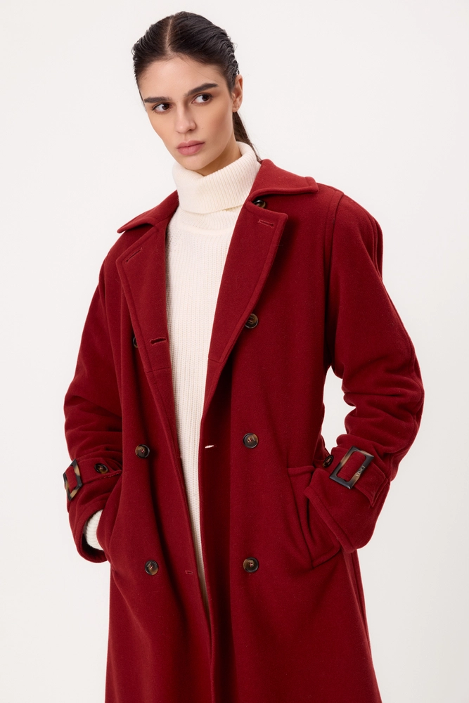 MIDI BURGUNDY WAIST ADJUSTABLE WOOL COAT WITH BUCKLES