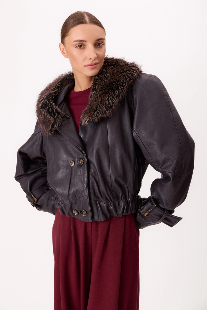 DARK PURPLE LEATHER JACKET WITH DETACHABLE FUR