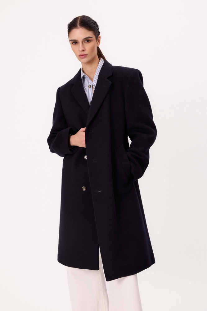 MIDI NAVY BLUE CLASSIC ADJUSTABLE WAIST WOOL COAT