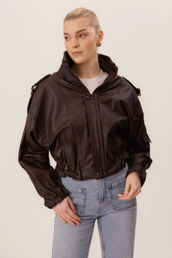 BROWN LEATHER JACKET WITH PADS