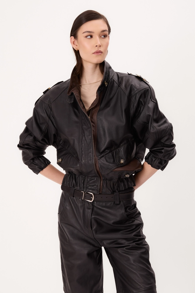 TWO-TONE BLACK AND BROWN BOMBER LEATHER JACKET