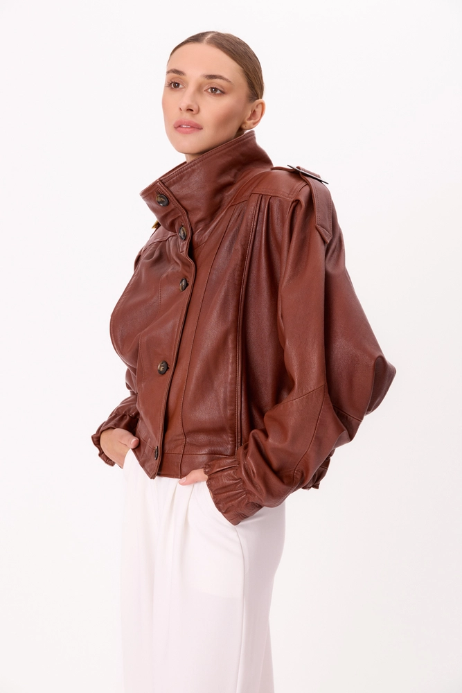 BROWN LEATHER BOMBER JACKET WITH HIGH COLLAR