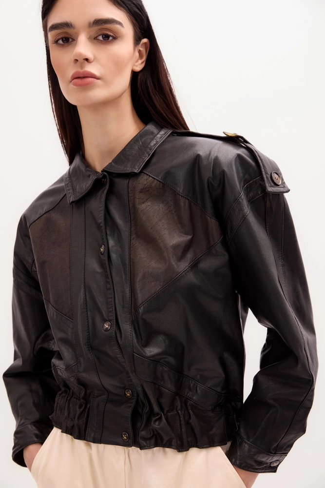 BLACK BOMBER LEATHER JACKET WITH EMBELLISHMENTS