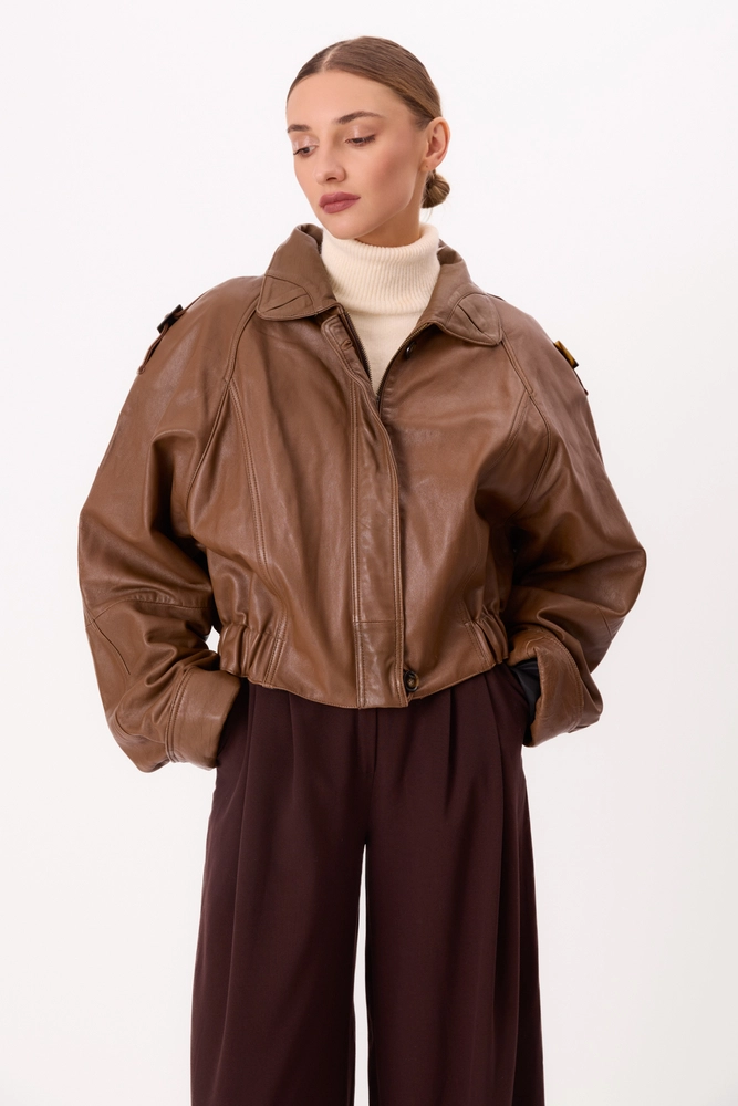 CARAMEL LEATHER BOMBER JACKET