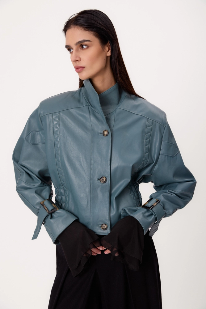 BLUE ADJUSTABLE WAIST TALL LEATHER JACKET WITH BUCKLES