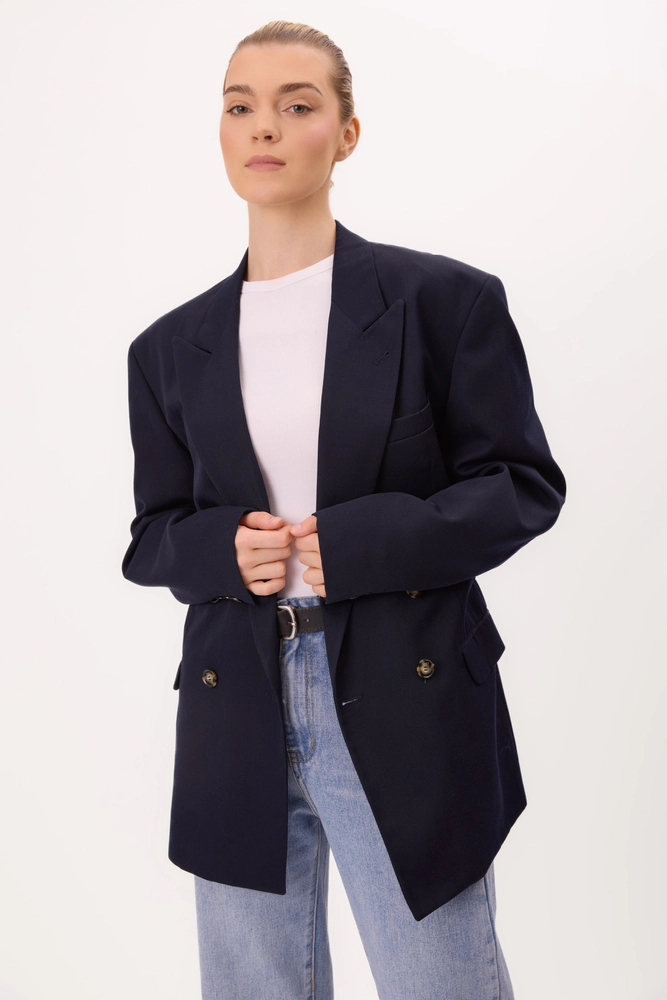 LONG NAVY BLUE SMOOTH DOUBLE-BREASTED JACKET MODEL No4