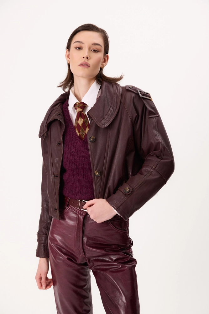 PLUM BOMBER LEATHER JACKET