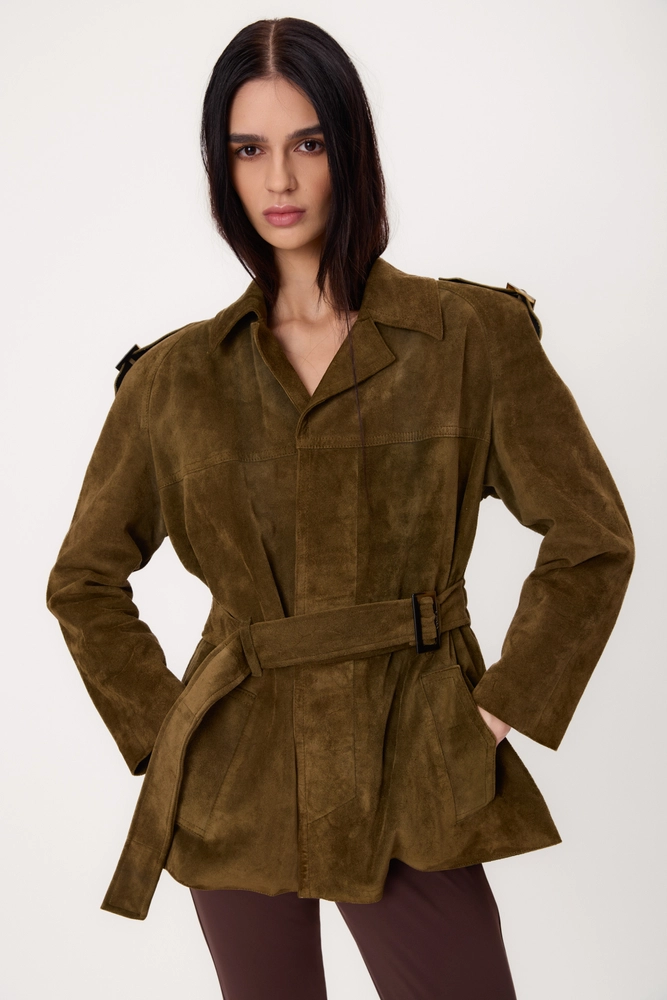 LONG GREEN SUEDE LEATHER JACKET WITH ADJUSTABLE WAIST AND BELT