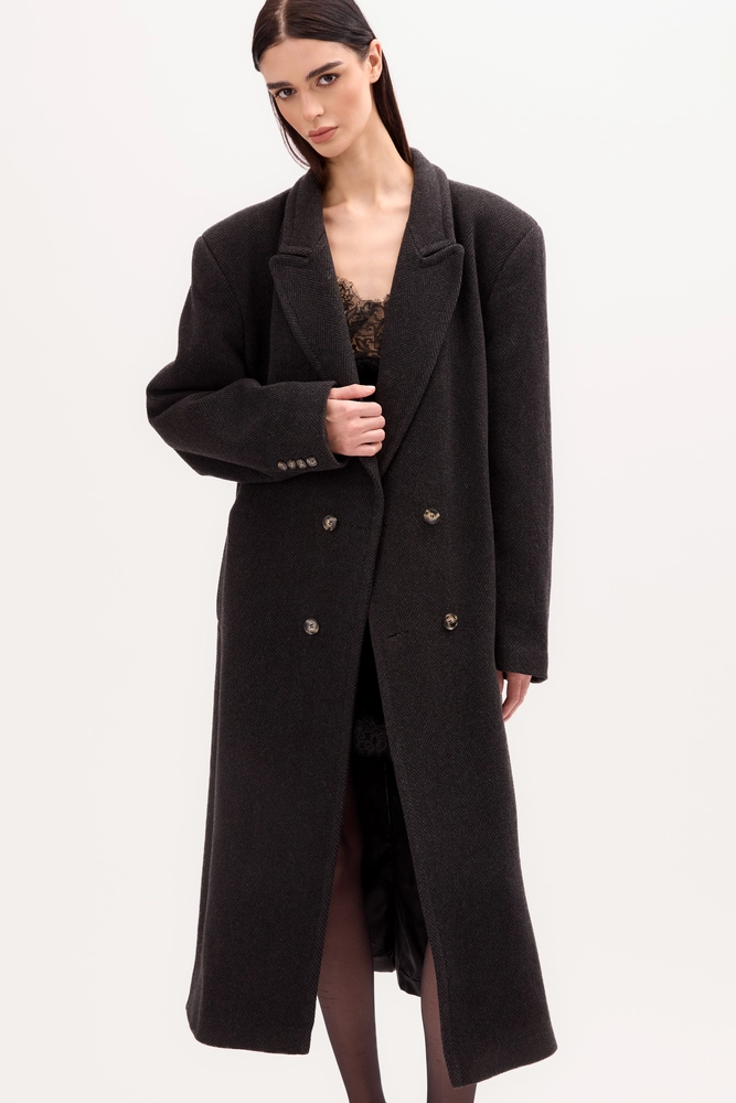 MAXI GRAPHITE ADJUSTABLE WAIST WOOL COAT