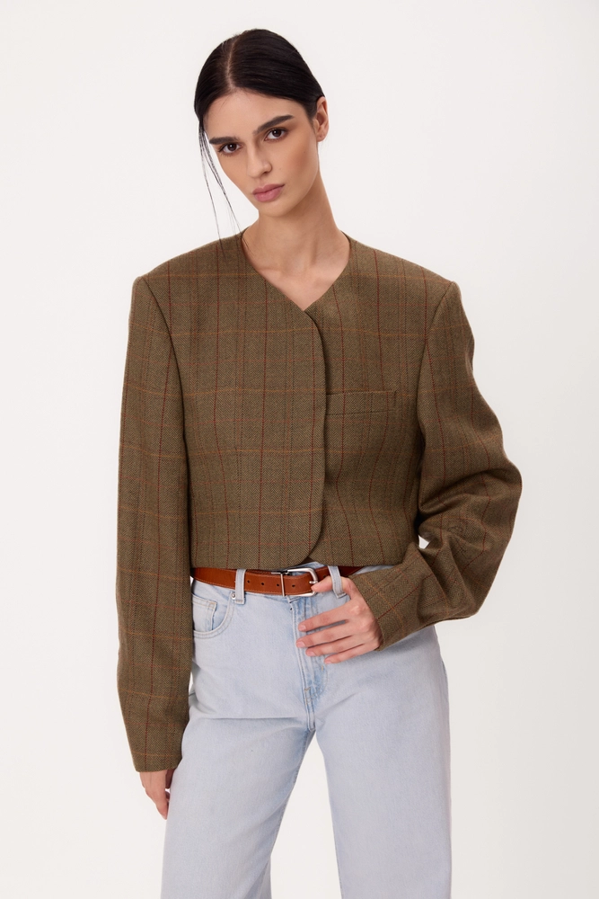SHORT STRAIGHT GREEN TALL JACKET WITH RED AND ORANGE CHECK MODEL No9