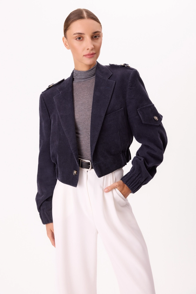NAVY BLUE VELVET BOMBER JACKET