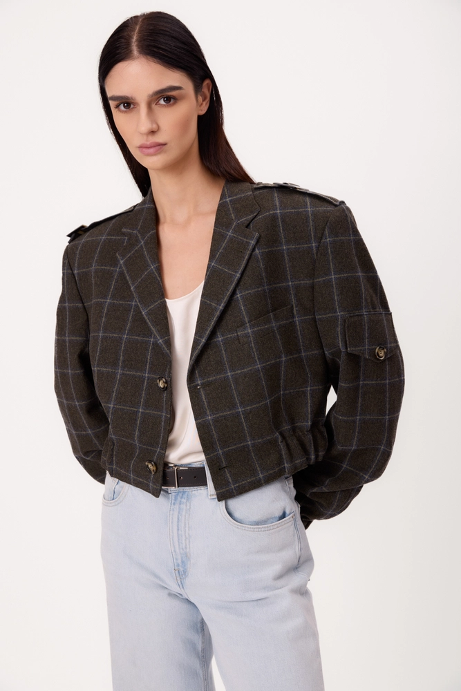 DARK GREEN TALL SHORT BOMBER JACKET WITH BLUE CHECKERED