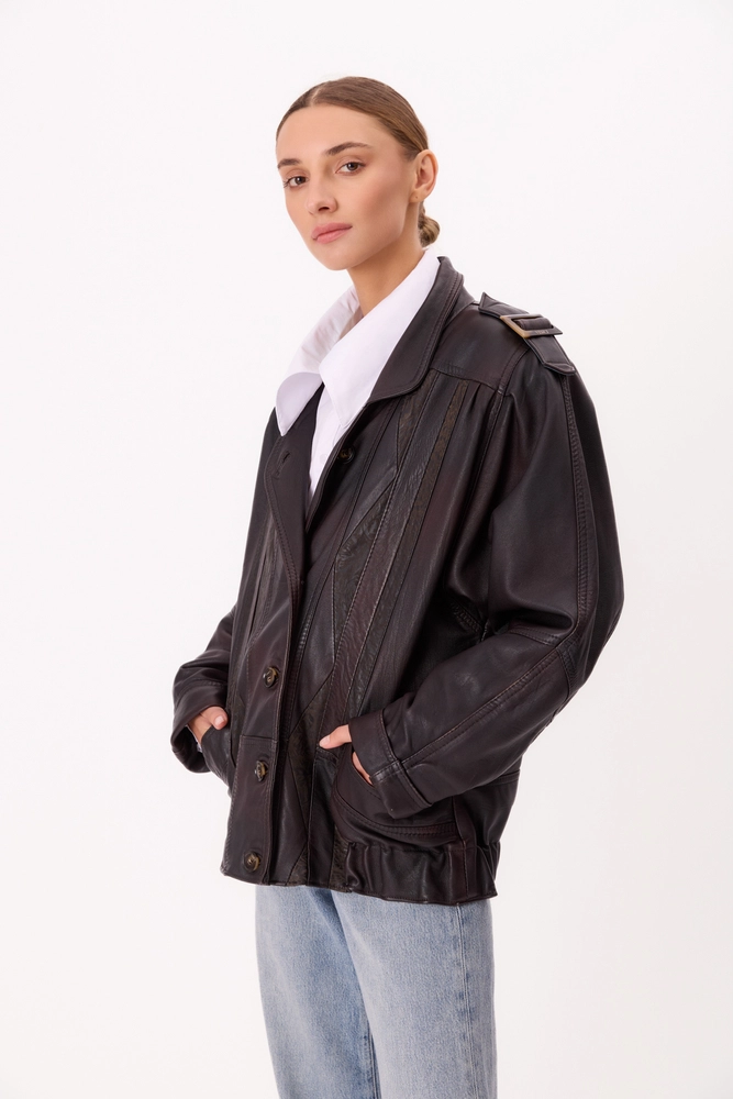 LONG CHOCOLATE LEATHER JACKET WITH EPAULOS